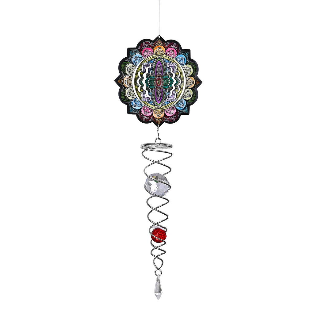 Rotating Mandala Wind Chime (15cm) - Kinetic Metal Spinner with Spiral Tail (22.5cm) - Black