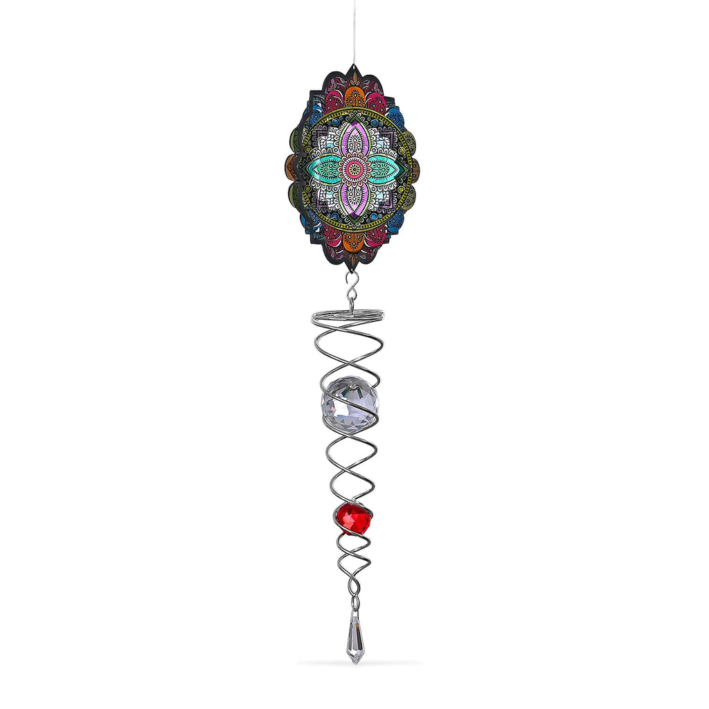 Rotating Mandala Wind Chime (15cm) - Kinetic Metal Spinner with Spiral Tail (22.5cm) - Black