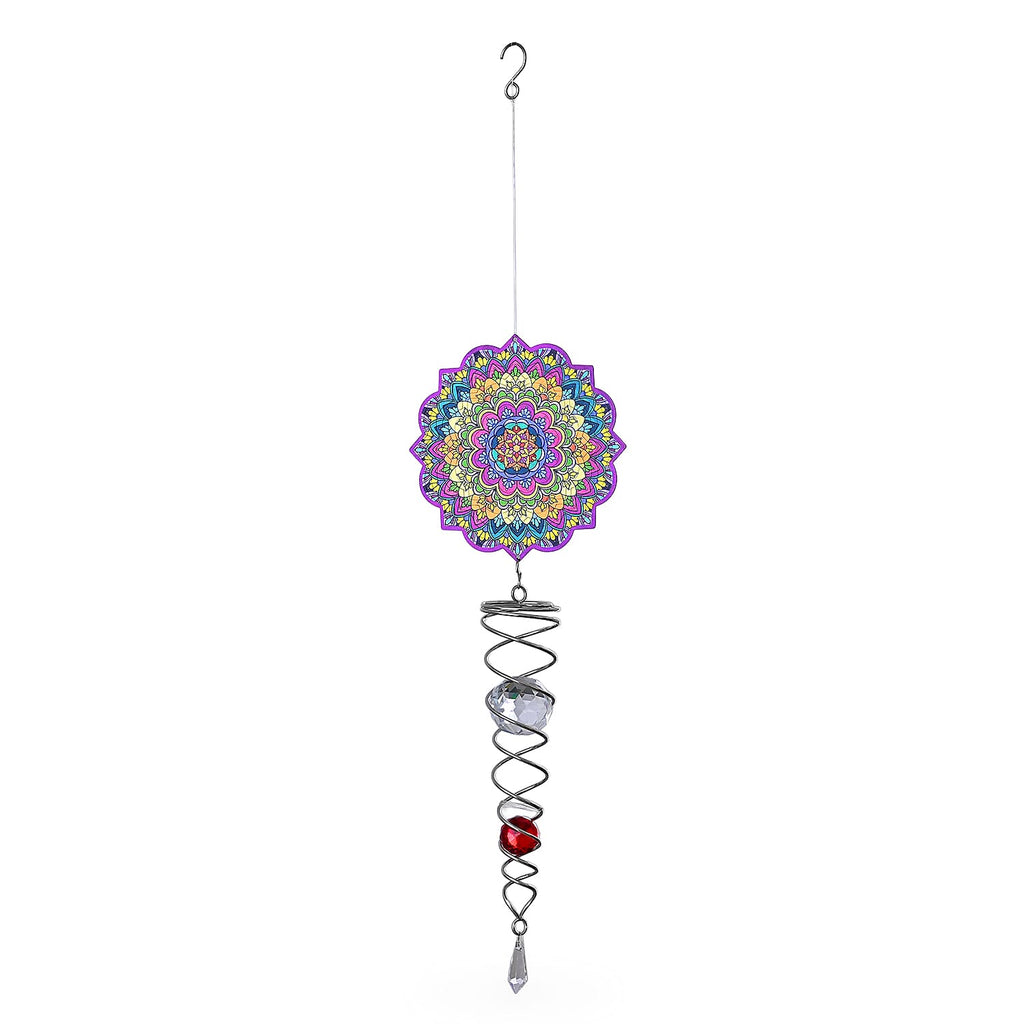 Rotating Mandala Wind Chime (15cm) - Kinetic Metal Spinner with Spiral Tail (22.5cm) - Pink