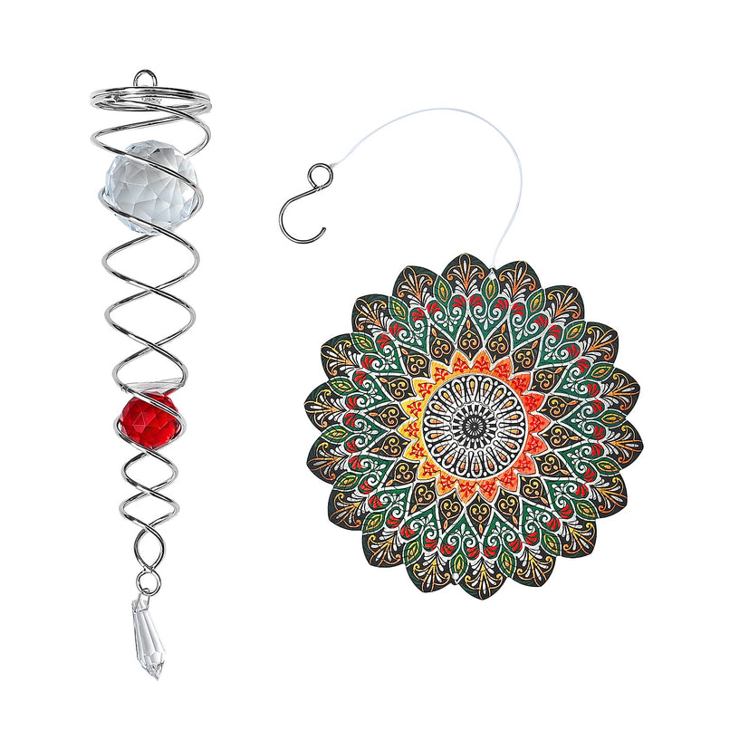 Rotating Mandala Wind Chime (15cm) - Kinetic Metal Spinner with Spiral Tail (22.5cm) - Multi Colour