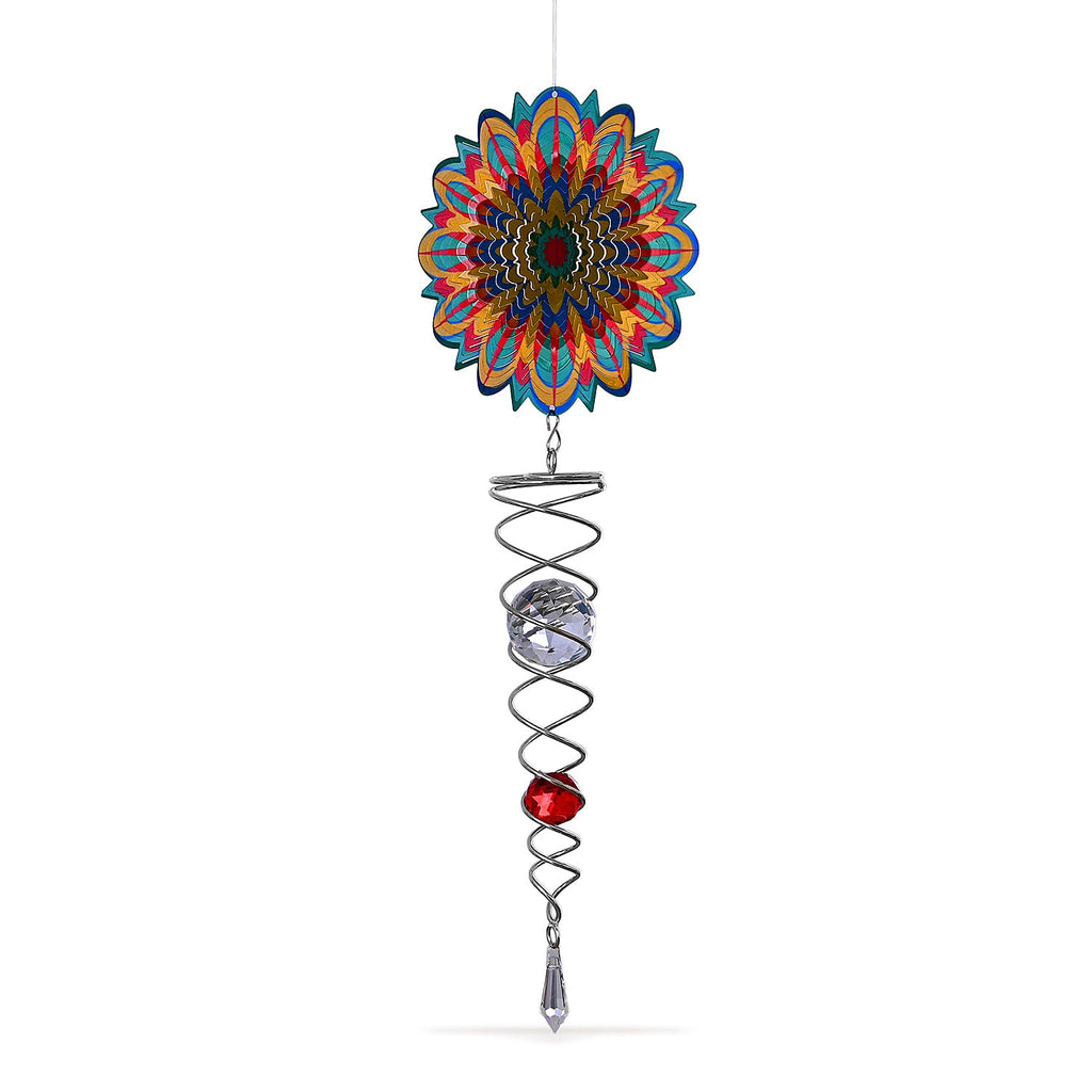 Rotating Mandala Wind Chime (15cm) - Kinetic Metal Spinner with Spiral Tail (22.5cm) - Multi Colour