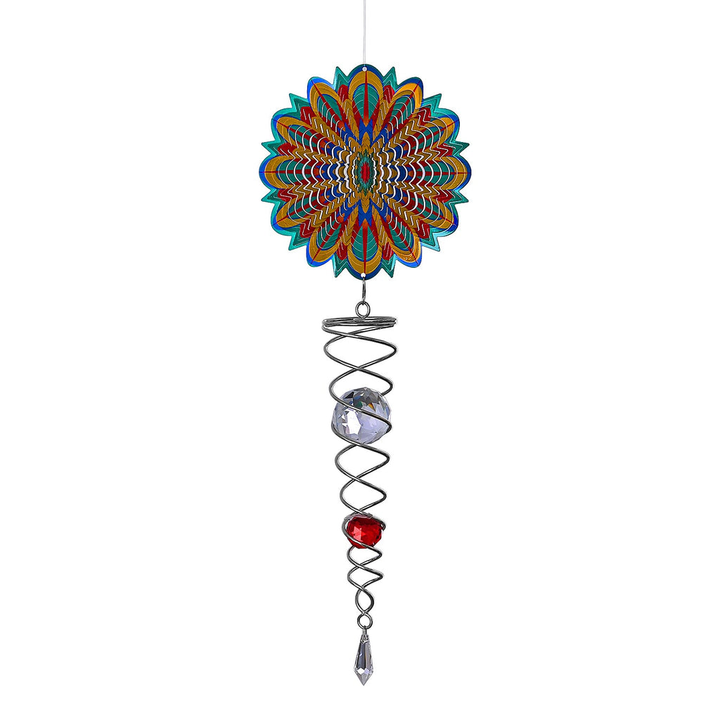 Rotating Mandala Wind Chime (15cm) - Kinetic Metal Spinner with Spiral Tail (22.5cm) - Multi Colour