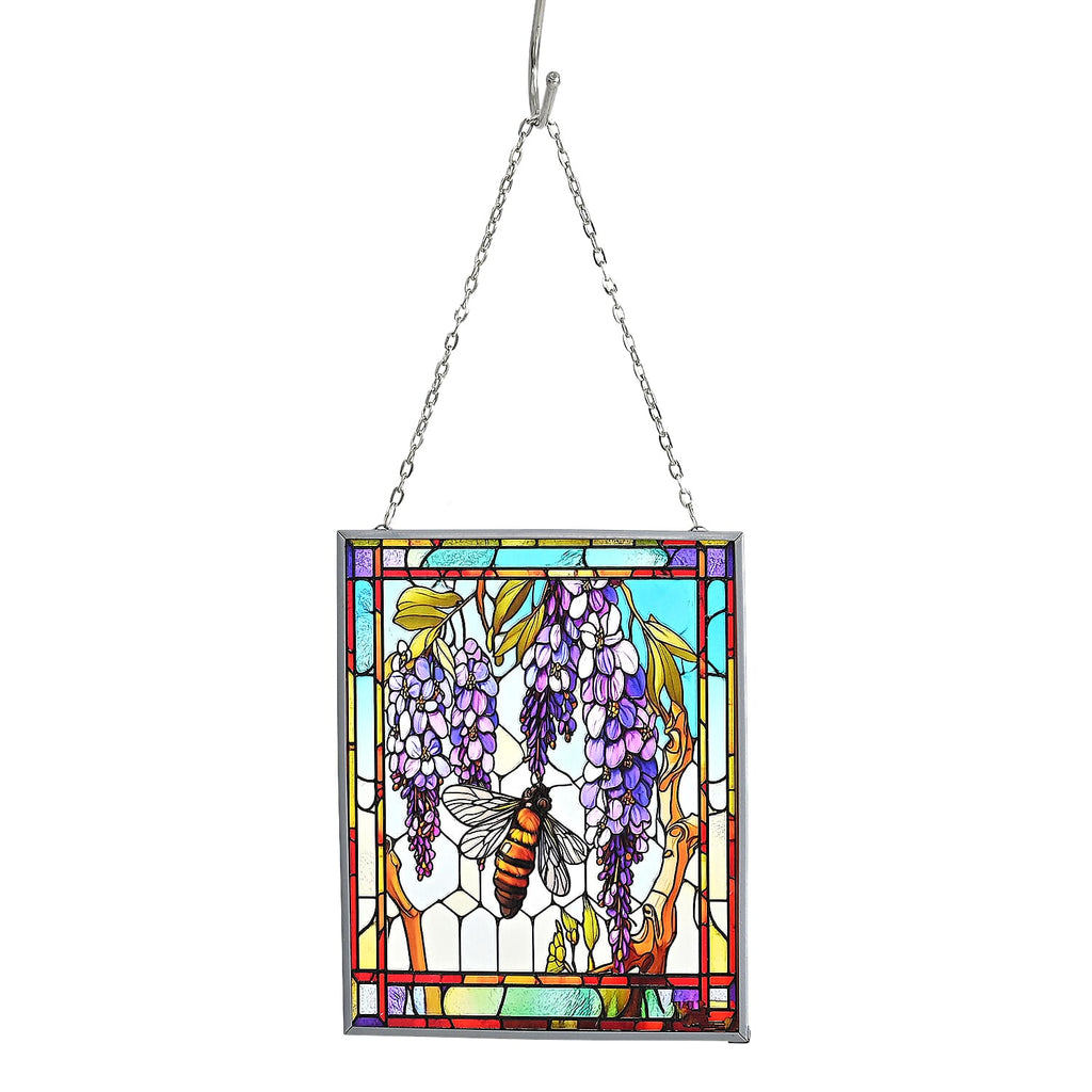 Tiffany-style Wisteria & Bee Glass Suncatcher Rectangle Pendant with Silver Hanging Chain & Frame (12x15cm) - Multicolour