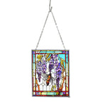 Tiffany-style Wisteria & Bee Glass Suncatcher Rectangle Pendant with Silver Hanging Chain & Frame (12x15cm) - Multicolour
