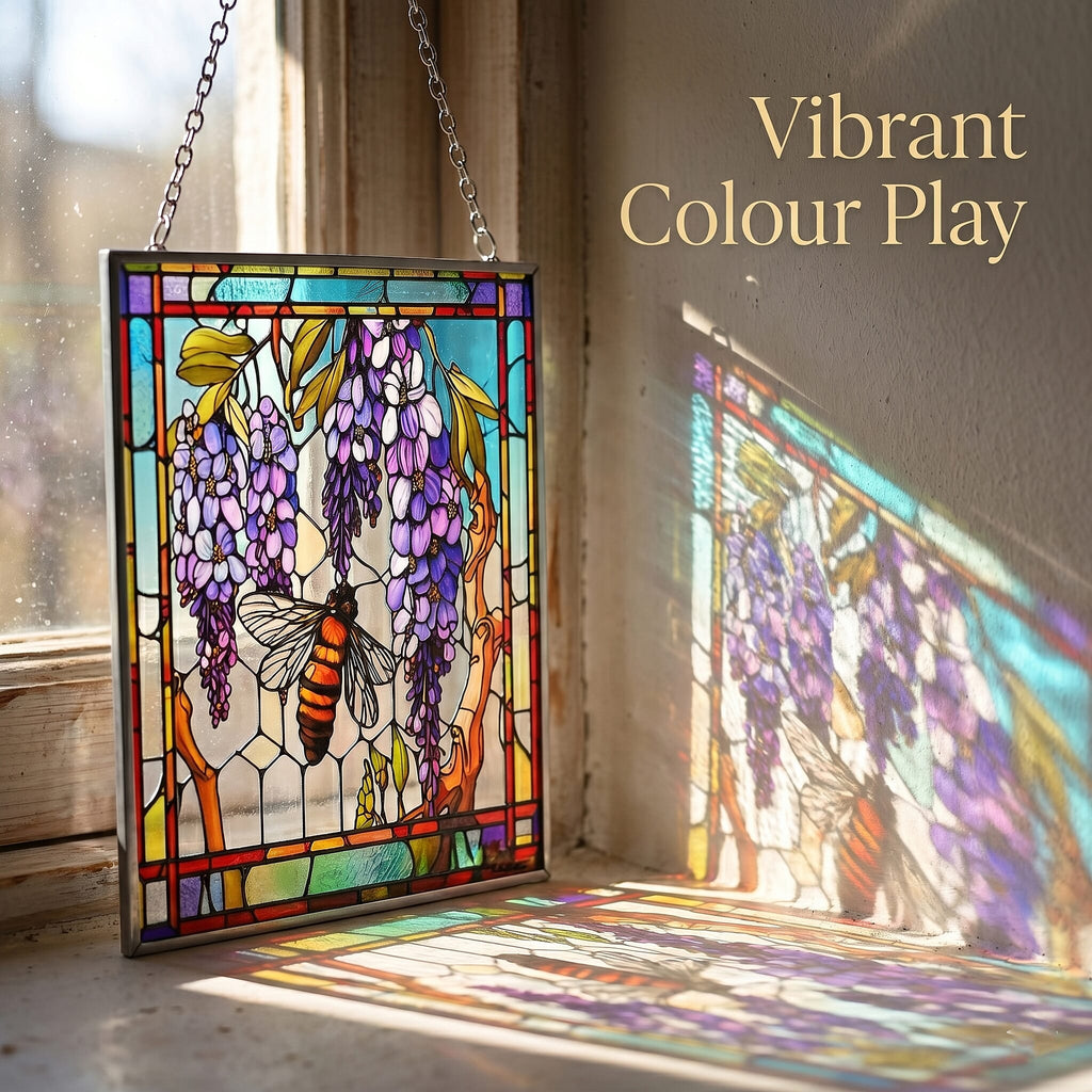 Tiffany-style Wisteria & Bee Glass Suncatcher Rectangle Pendant with Silver Hanging Chain & Frame (12x15cm) - Multicolour