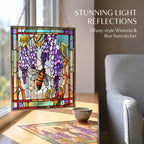 Tiffany-style Wisteria & Bee Glass Suncatcher Rectangle Pendant with Silver Hanging Chain & Frame (12x15cm) - Multicolour