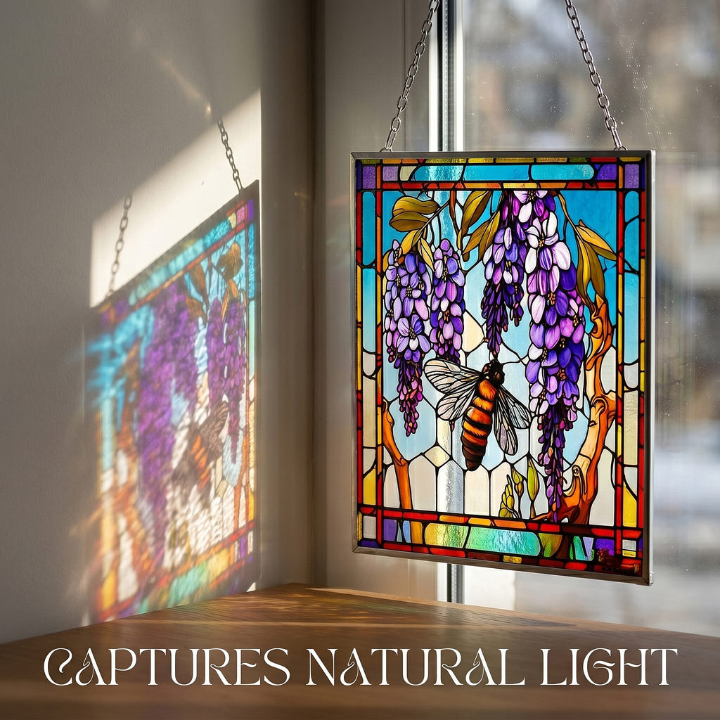Tiffany-style Wisteria & Bee Glass Suncatcher Rectangle Pendant with Silver Hanging Chain & Frame (12x15cm) - Multicolour