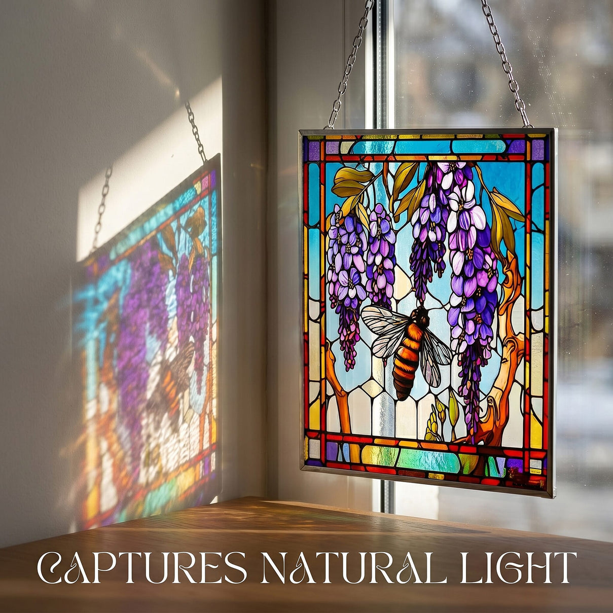 Tiffany-style Wisteria &amp; Bee Glass Suncatcher Rectangle Pendant with Silver Hanging Chain &amp; Frame (12x15cm) - Multicolour 8421807 5