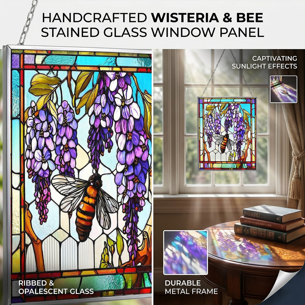 Tiffany-style Wisteria & Bee Glass Suncatcher Rectangle Pendant with Silver Hanging Chain & Frame (12x15cm) - Multicolour