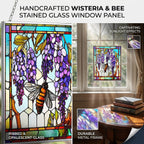Tiffany-style Wisteria & Bee Glass Suncatcher Rectangle Pendant with Silver Hanging Chain & Frame (12x15cm) - Multicolour