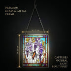 Tiffany-style Wisteria & Bee Glass Suncatcher Rectangle Pendant with Silver Hanging Chain & Frame (12x15cm) - Multicolour