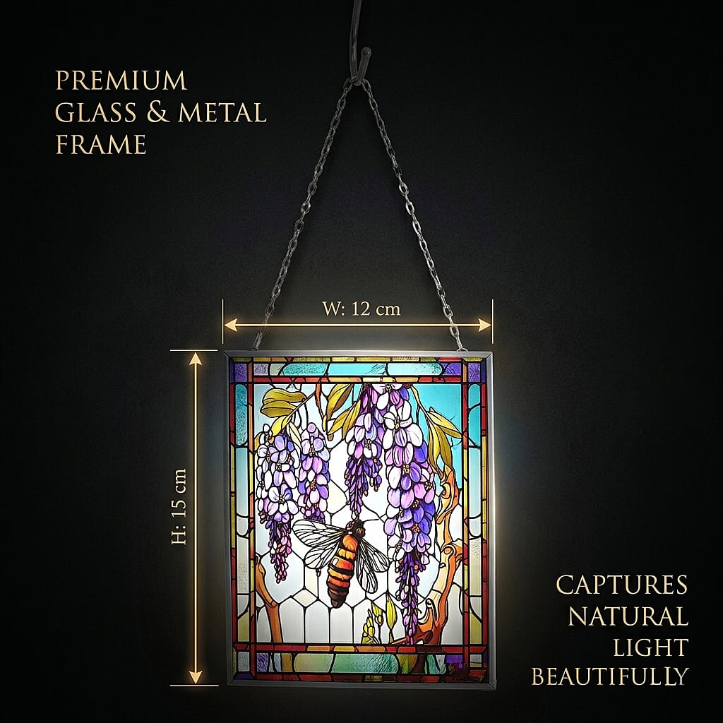 Tiffany-style Wisteria &amp; Bee Glass Suncatcher Rectangle Pendant with Silver Hanging Chain &amp; Frame (12x15cm) - Multicolour 8421807 7