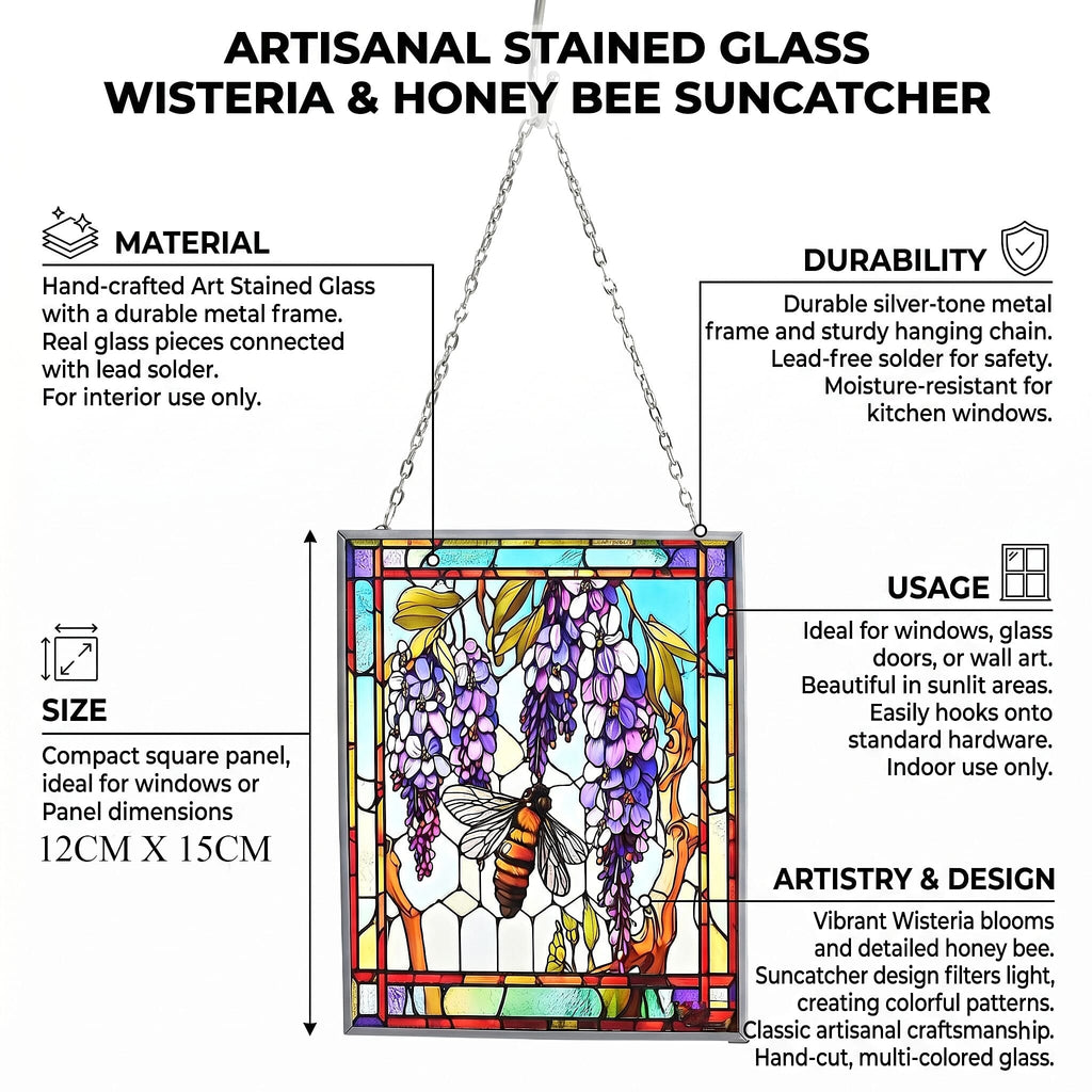 Tiffany-style Wisteria & Bee Glass Suncatcher Rectangle Pendant with Silver Hanging Chain & Frame (12x15cm) - Multicolour
