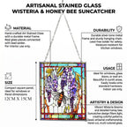Tiffany-style Wisteria & Bee Glass Suncatcher Rectangle Pendant with Silver Hanging Chain & Frame (12x15cm) - Multicolour