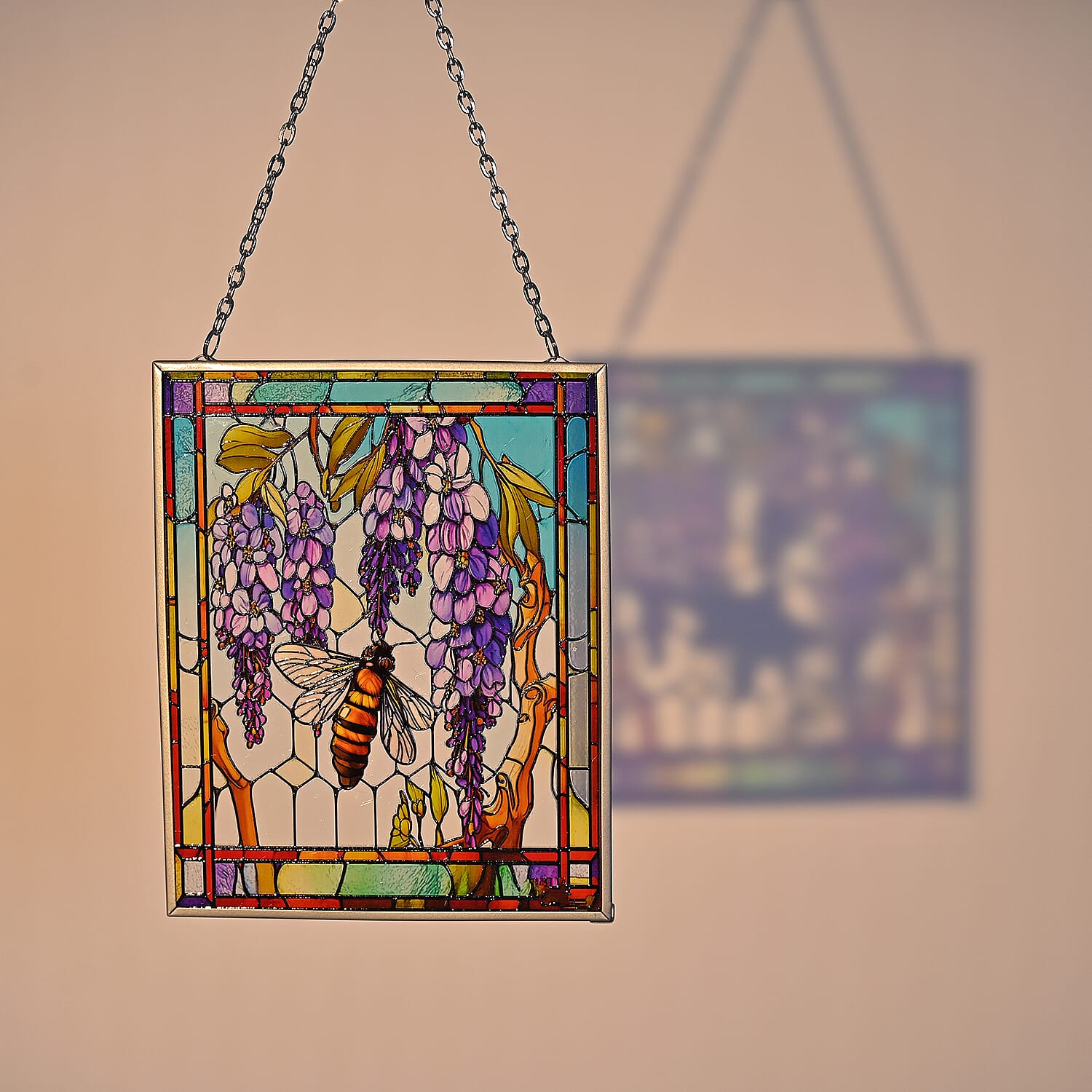 Tiffany-style Wisteria &amp; Bee Glass Suncatcher Rectangle Pendant with Silver Hanging Chain &amp; Frame (12x15cm) - Multicolour 8421807 9