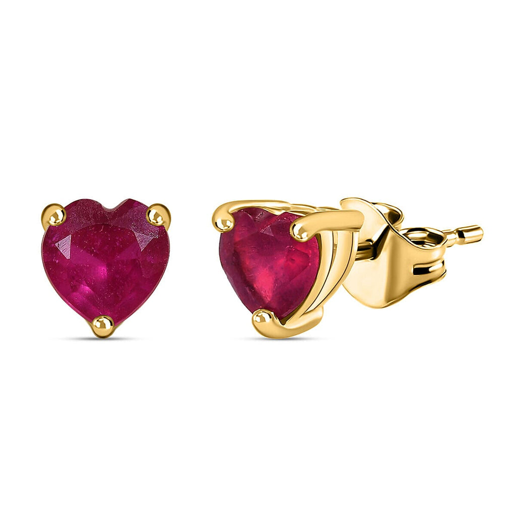 African Ruby (FF) Heart Stud Earrings with Push Back in 18K Yellow Gold Plated Sterling Silver 2.10 Ct.