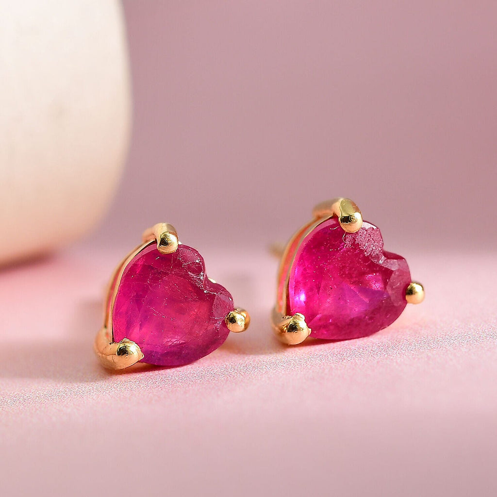 African Ruby (FF) Heart Stud Earrings with Push Back in 18K Yellow Gold Plated Sterling Silver 2.10 Ct.