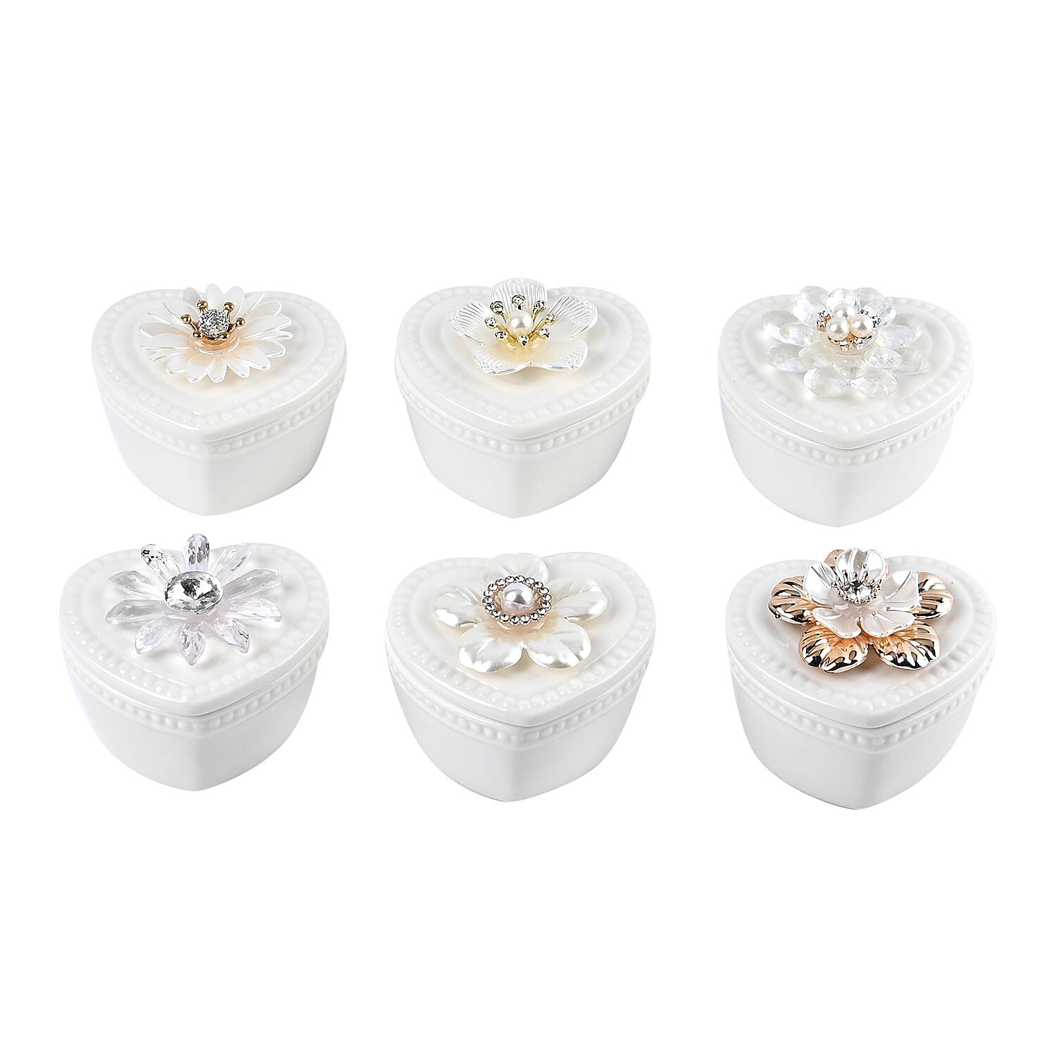 6 Pieces Fine Porcelain Heart Shape Containers with Floral Lids 7666481 0