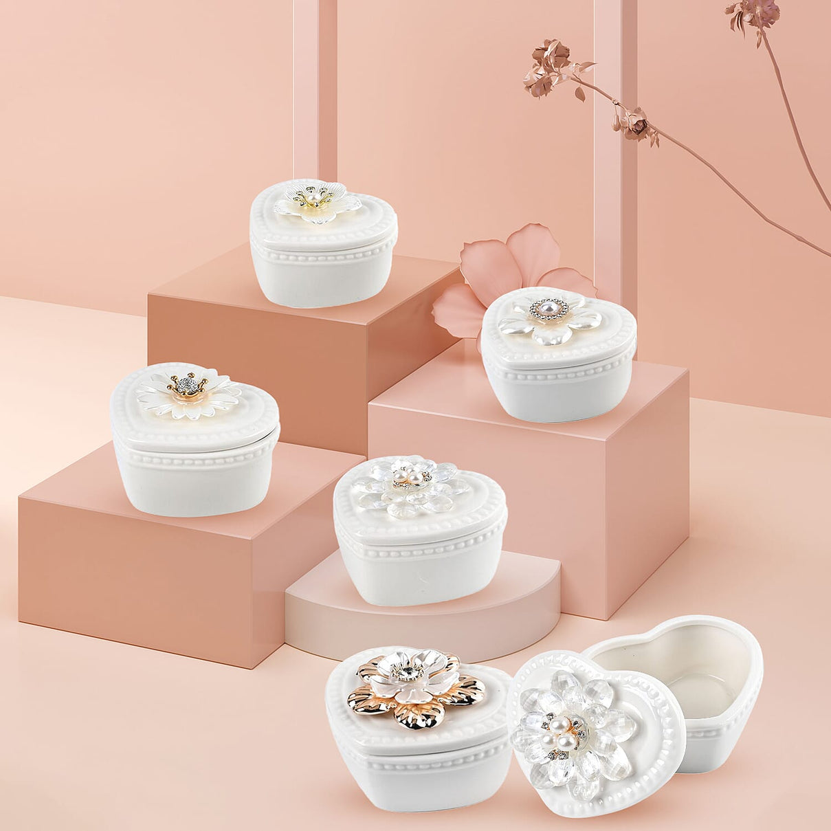 6 Pieces Fine Porcelain Heart Shape Containers with Floral Lids 7666481 2