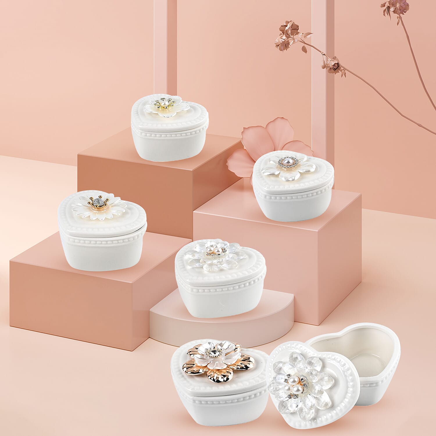 6 Pieces Fine Porcelain Heart Shape Containers with Floral Lids 7666481 2