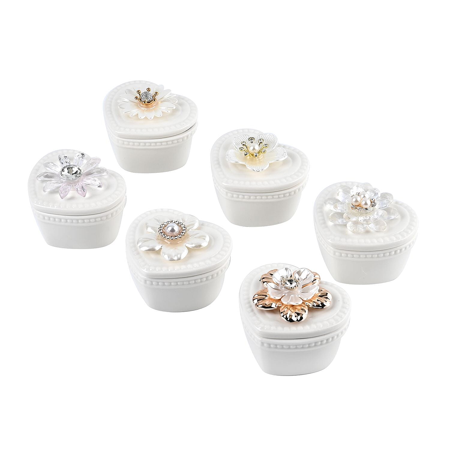 6 Pieces Fine Porcelain Heart Shape Containers with Floral Lids 7666481 6