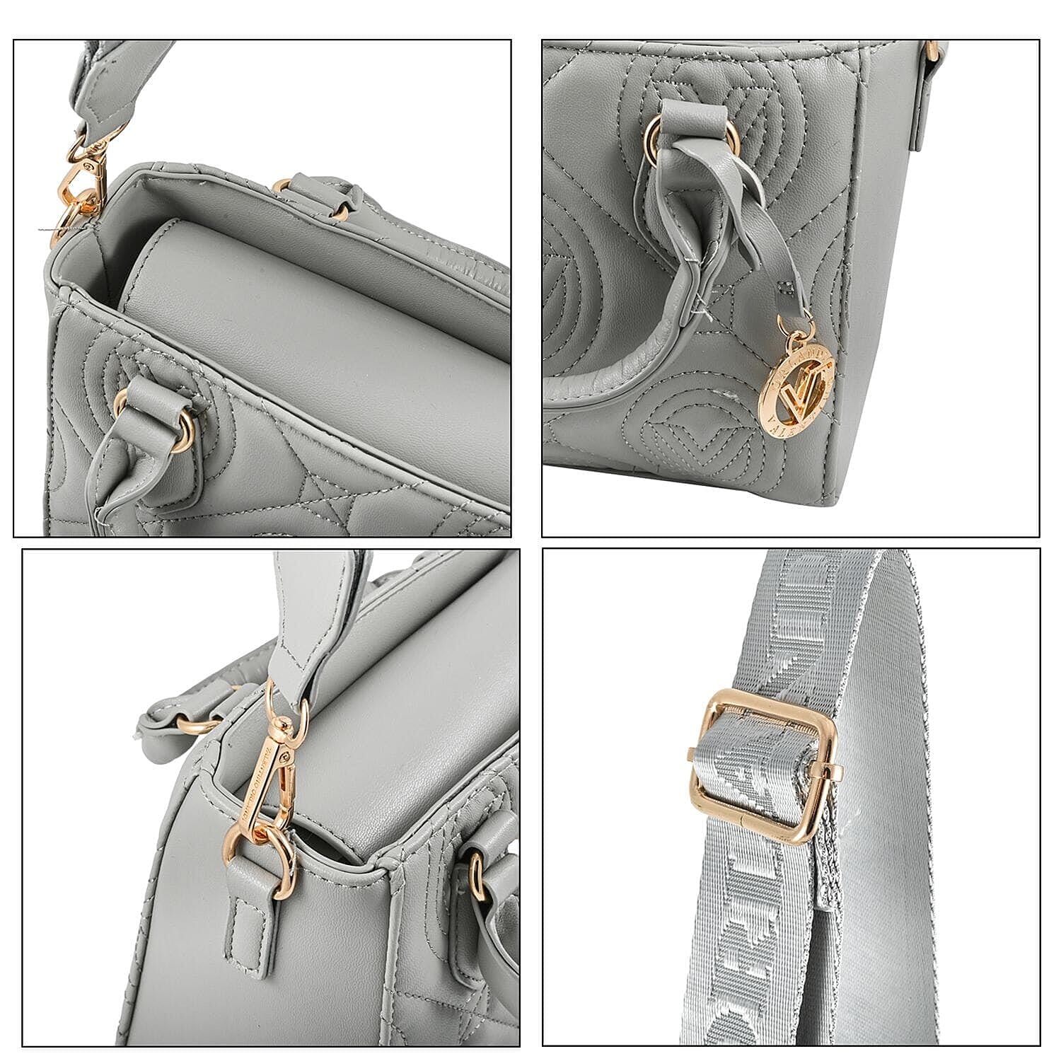 Heart and Soul Valentino Orlandi Quilted Top Handle Shoulder Bag with Adjustable Strap - Light Grey 8134539 4