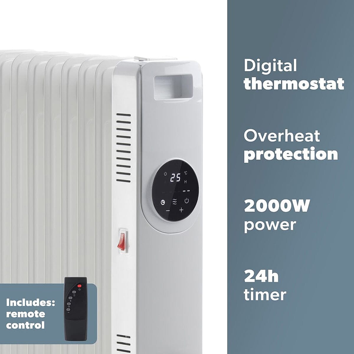 Daewoo 2000W Oil Filled Radiator, Portable 9 Fin Heater with LED Display and Remote Control - White 7692641 4