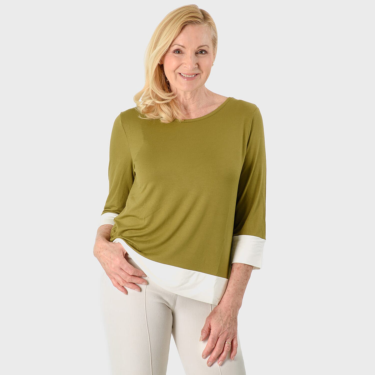 Hem &amp; Cuff Color Block Top (Size 24 to 26) - Olive &amp; Ivory V32532812 0