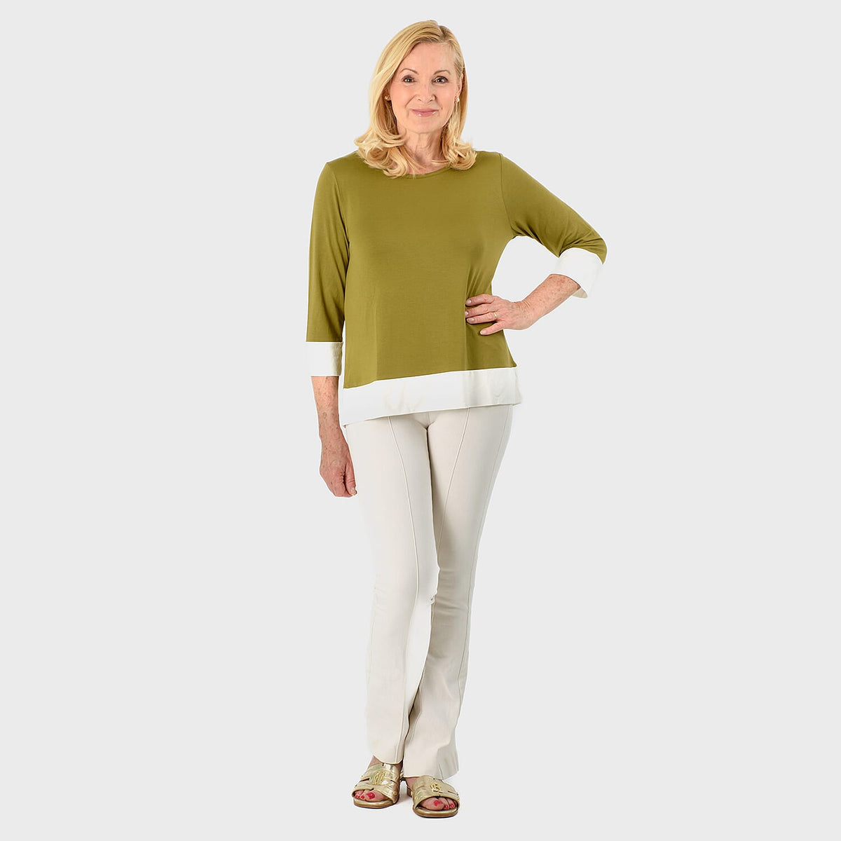 Hem &amp; Cuff Color Block Top (Size 24 to 26) - Olive &amp; Ivory V32532812 1