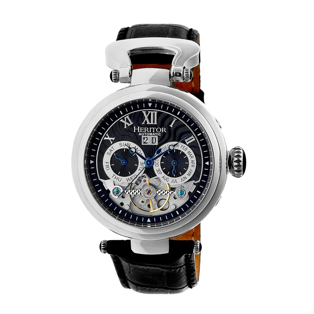 HERITOR Ganzi Automatic Movt. 5ATM Water Resistant White Dial Mens Watch with Black Colour Leather Strap and Silver-Tone Case - Silver