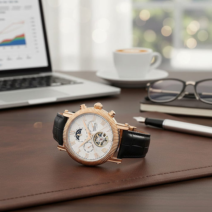 Heritor Winston Automatic Movt. 5ATM Water Resistance White - Rose Dial Mens Watch with Black Leather Strap 8072064 2
