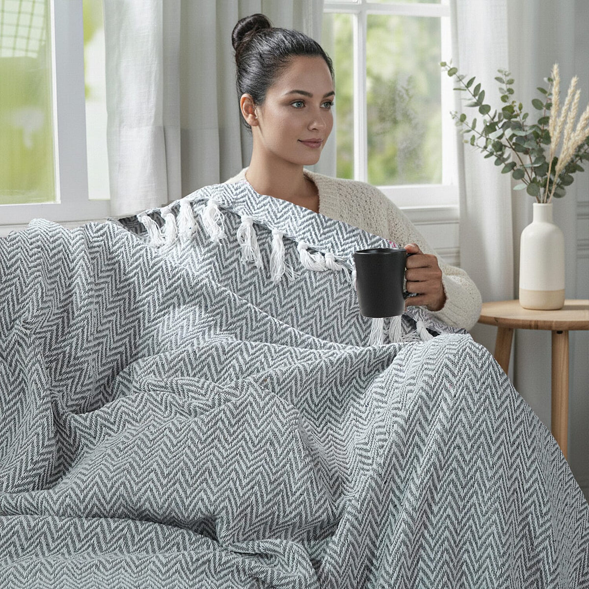Hush Heaven 100% Soft Cotton Chevron Weaved Throw Blanket (200x150cm) - Grey V32636792 2