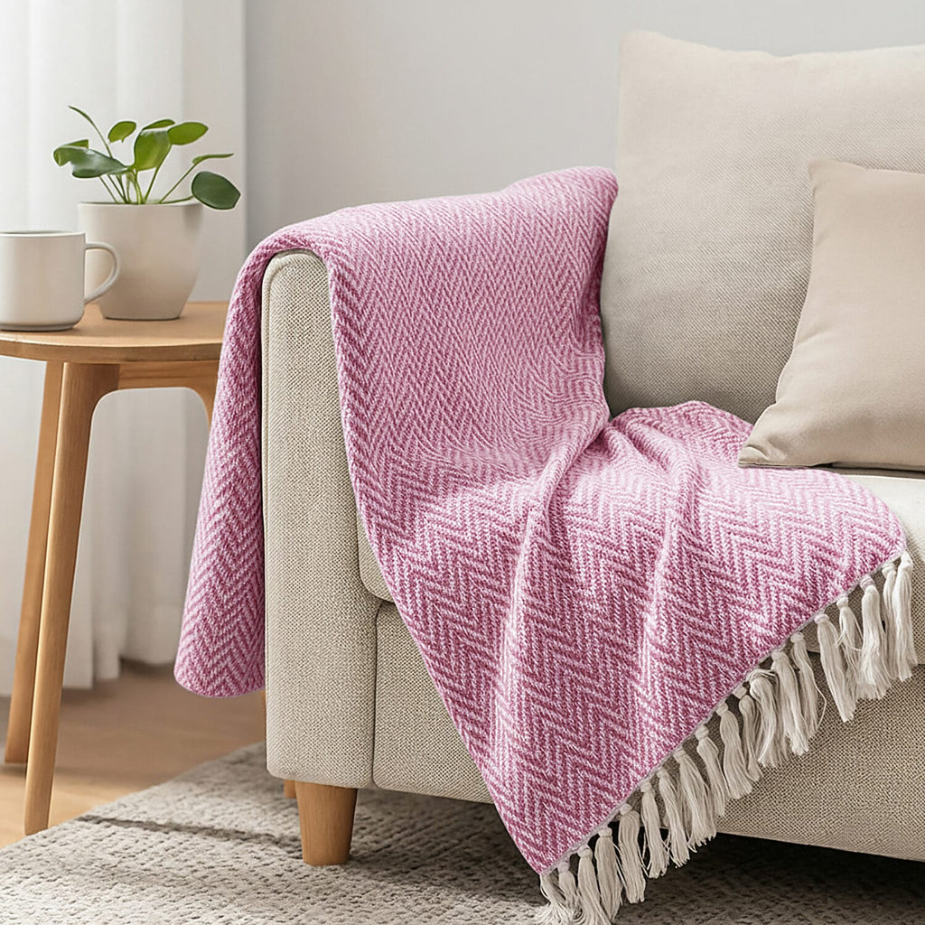 Hush Heaven 100% Soft Cotton Chevron Weaved Throw Blanket (200x150cm) - Light Pink