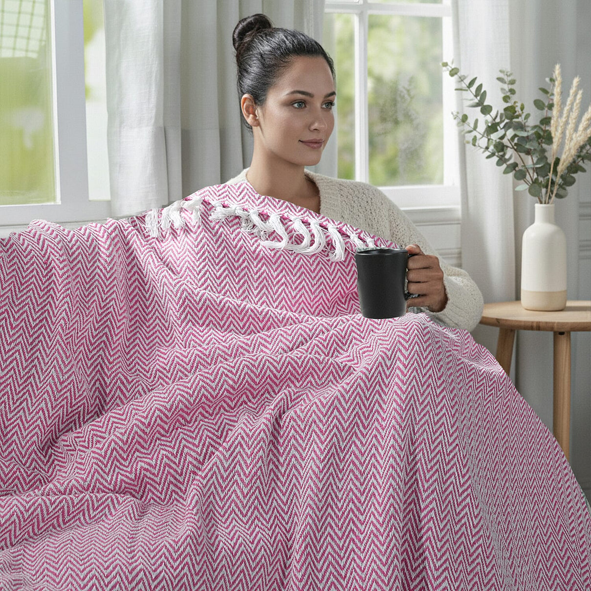 Hush Heaven 100% Soft Cotton Chevron Weaved Throw Blanket (200x150cm) - Light Pink 8129577 2