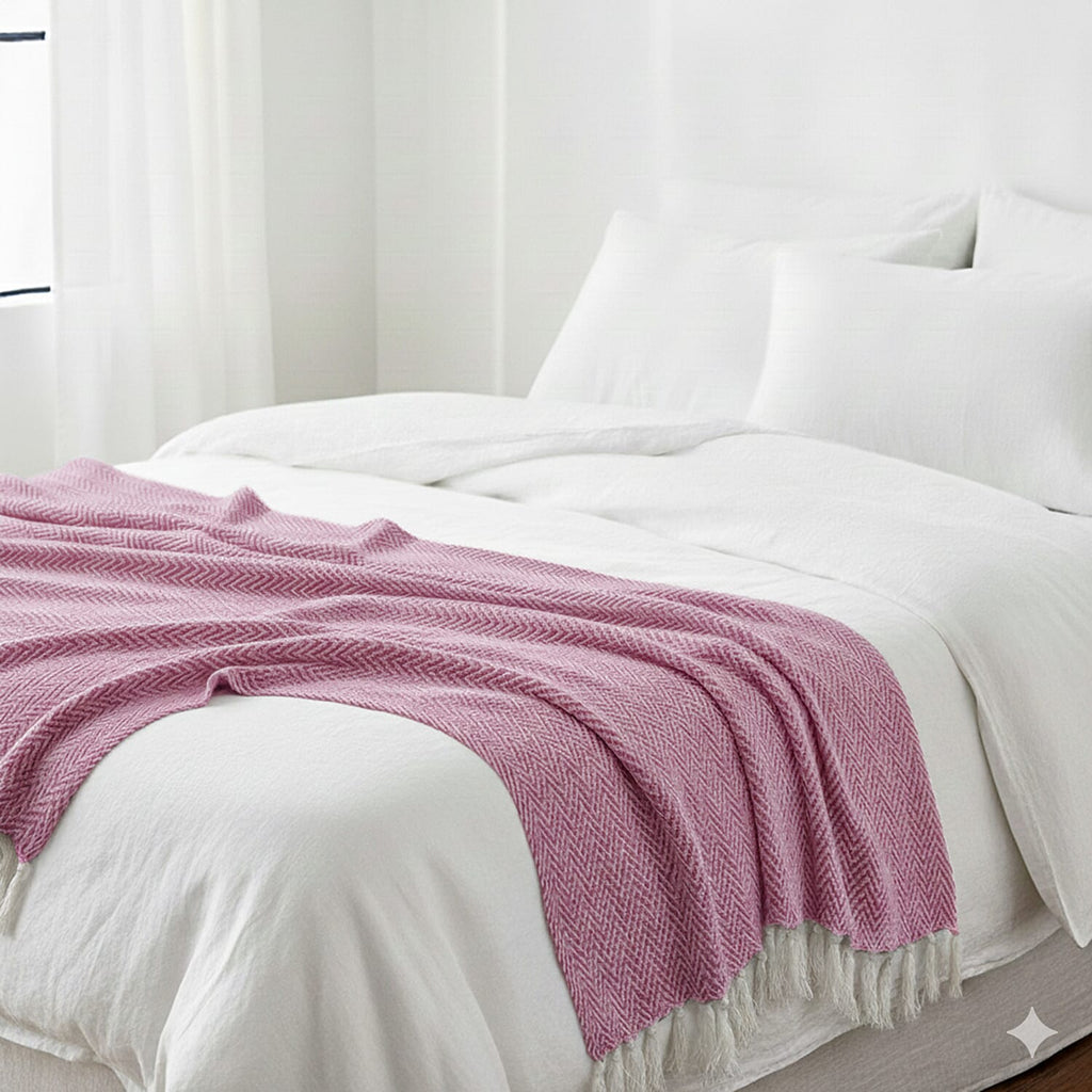Hush Heaven 100% Soft Cotton Chevron Weaved Throw Blanket (200x150cm) - Light Pink