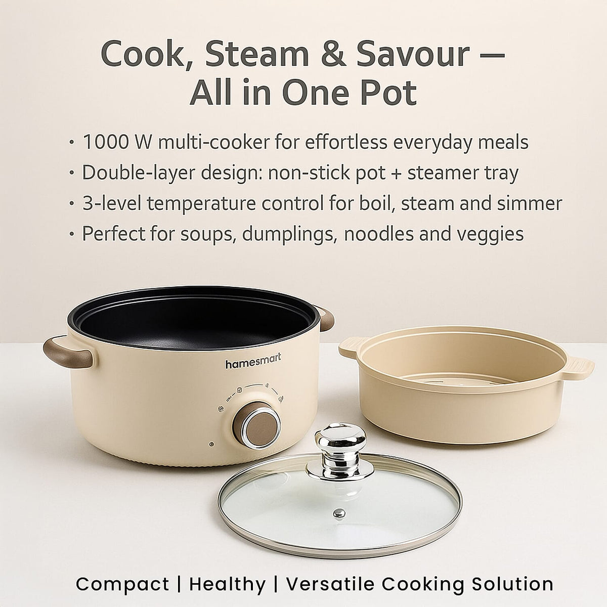 THE ONE POT - Electric Cooking Pot with Steamer - 1000W Non-Stick Multi-Cooker (3.2L) - Beige V32715127 3
