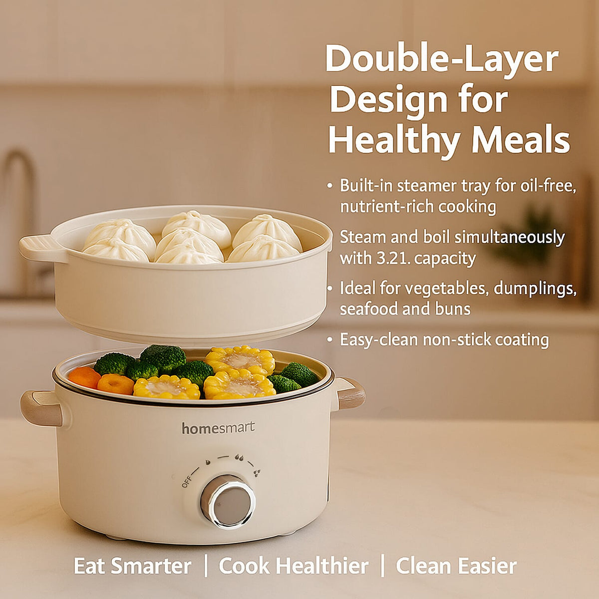 THE ONE POT - Electric Cooking Pot with Steamer - 1000W Non-Stick Multi-Cooker (3.2L) - Beige V32715127 4