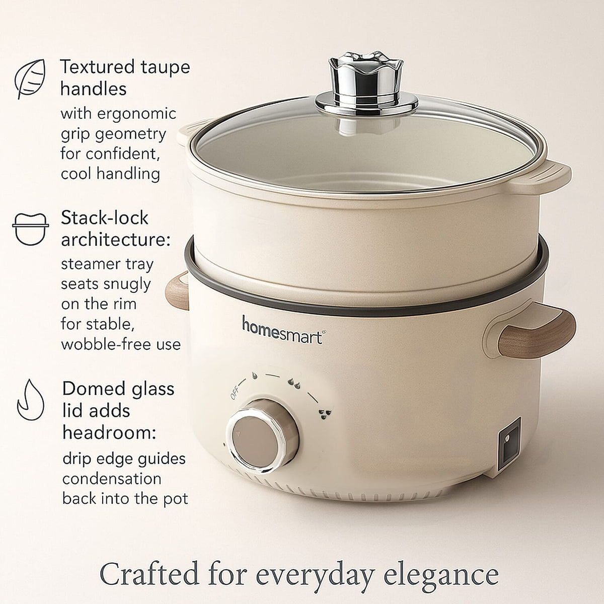 THE ONE POT - Electric Cooking Pot with Steamer - 1000W Non-Stick Multi-Cooker (3.2L) - Beige V32715127 5