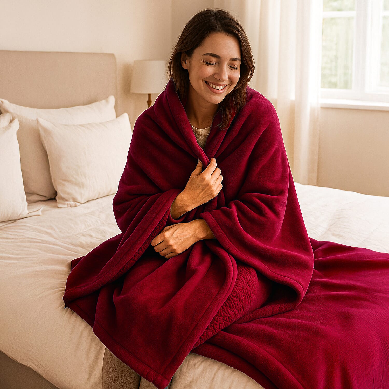 LIVMORE Double Layer Water Resistant Flannel &amp; Sherpa Blanket 510 GSM (200x150 cm) - Burgundy 8197837 3