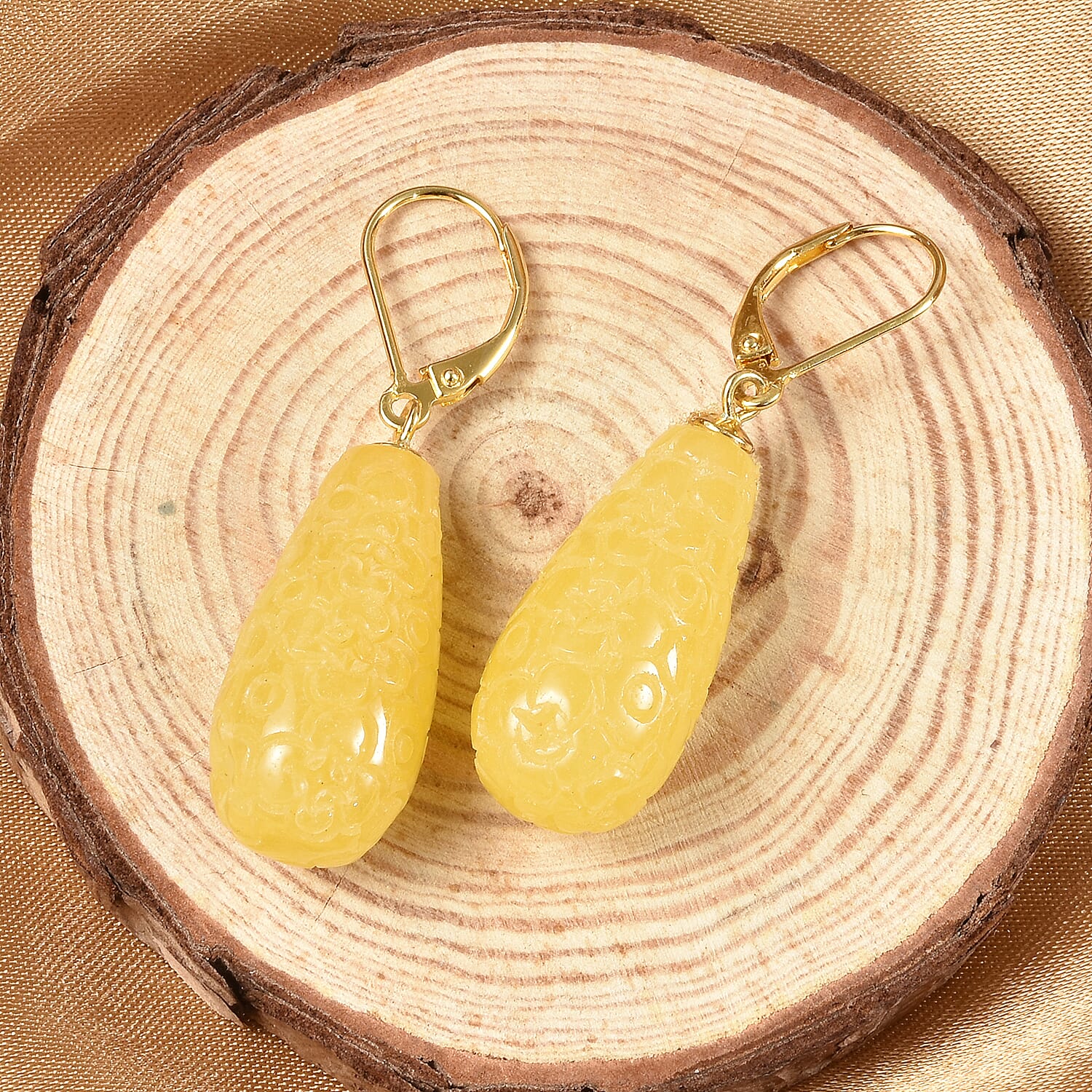 Hand Carved Honey Jade Drop Earrings in Yellow Gold Plated Sterling Silver 200.00 Ct. 7758916 2