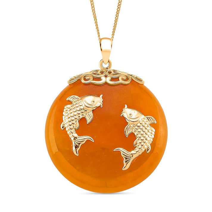 D'Joy Honey Jade Fish Pendant with Chain (Size 18) in Yellow Gold Plated Sterling Silver 73.50 Ct, Silver Wt. 5.00 Gms. 4415843 2