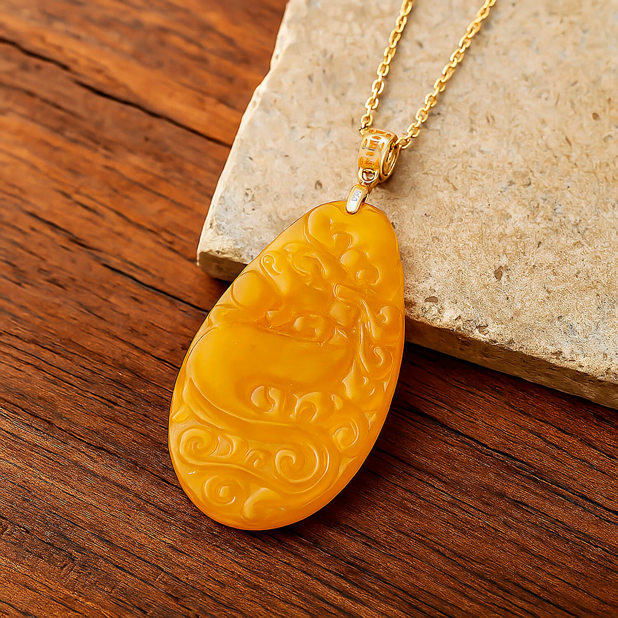 Honey Jade Dragon Embossed Pendant with Chain (Size 20) in Yellow Gold Plated Sterling Silver 80.00 Ct. 4418596 2