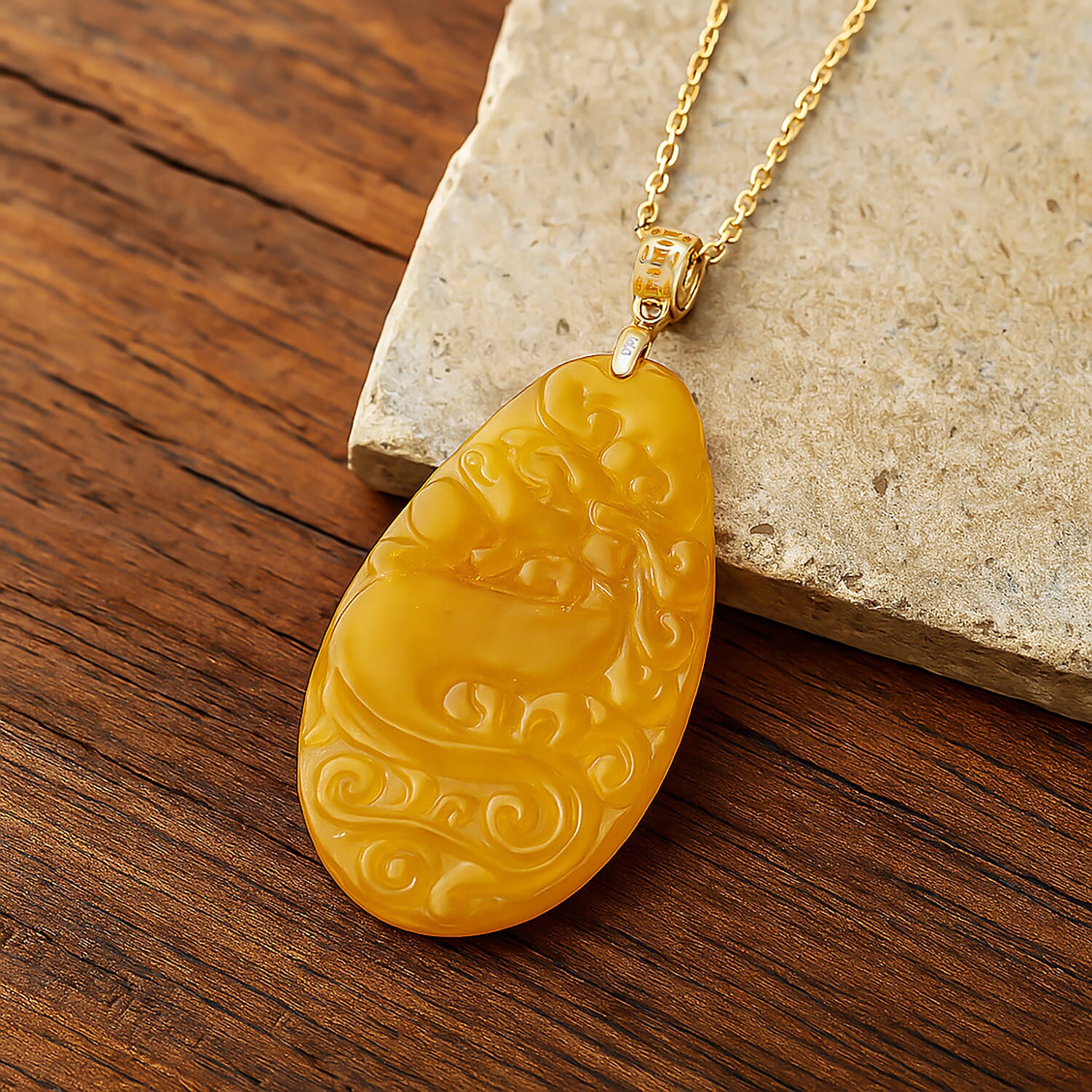Honey Jade Dragon Embossed Pendant with Chain (Size 20) in Yellow Gold Plated Sterling Silver 80.00 Ct. 4418596 2