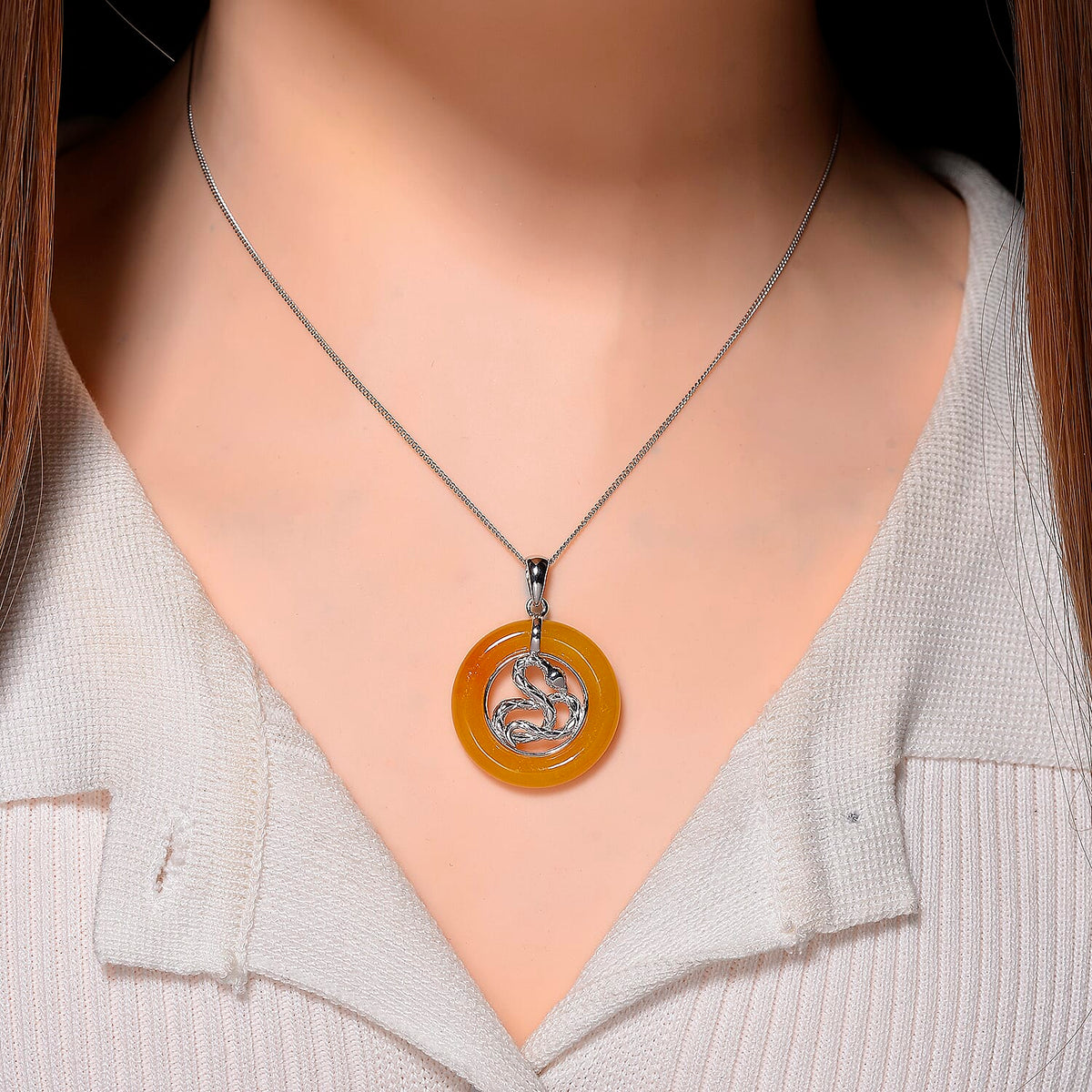 D'Joy Honey Jade Snake Pendant with Chain (Size 18) in Rhodium Overlay Sterling Silver 21.87 Ct. 4415979 6
