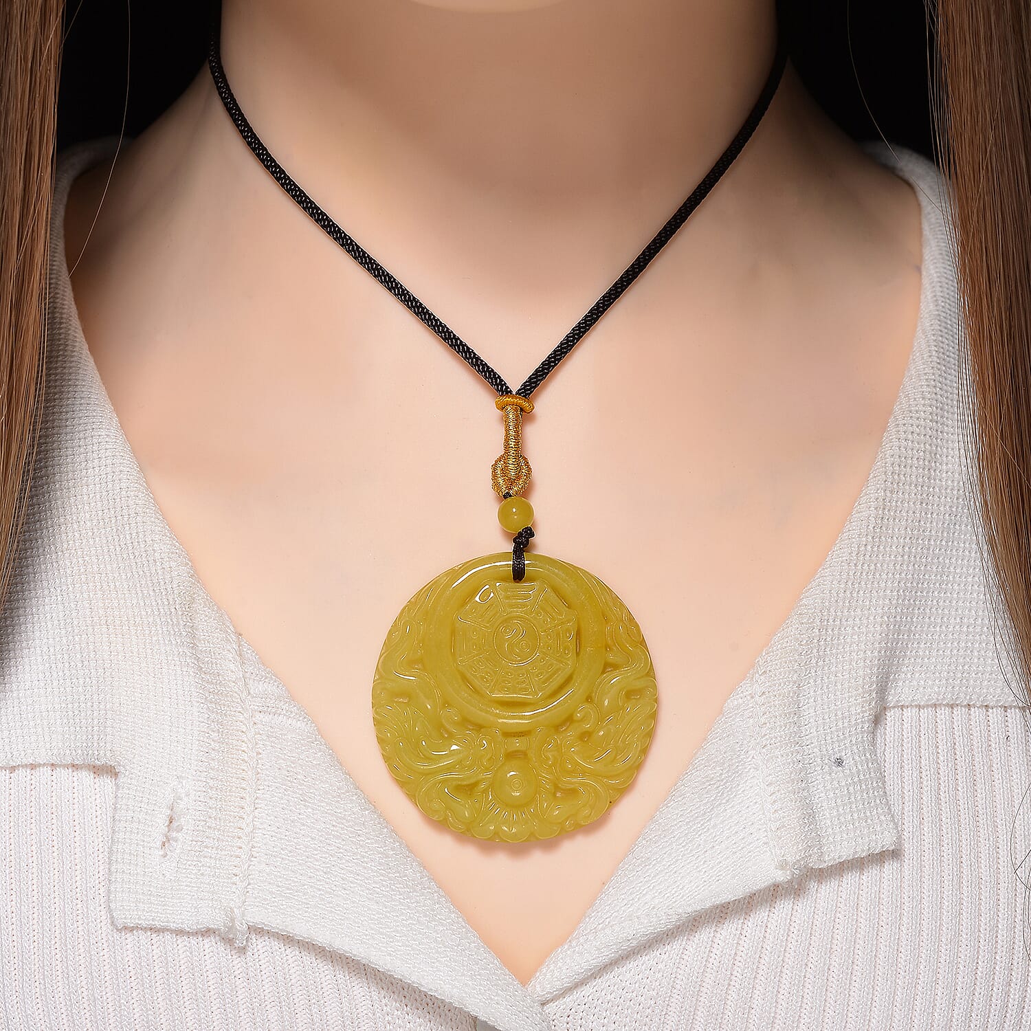 Honey Jade Feng shui, bagua Embossed Necklace (Size 24 Adjustable) 145.00 Ct. 8253829 2