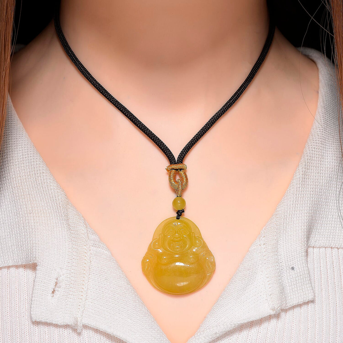 Honey Jade Buddha Embossed Necklace with Cotton Thread (Size 28 Adjustable) 8253800 1