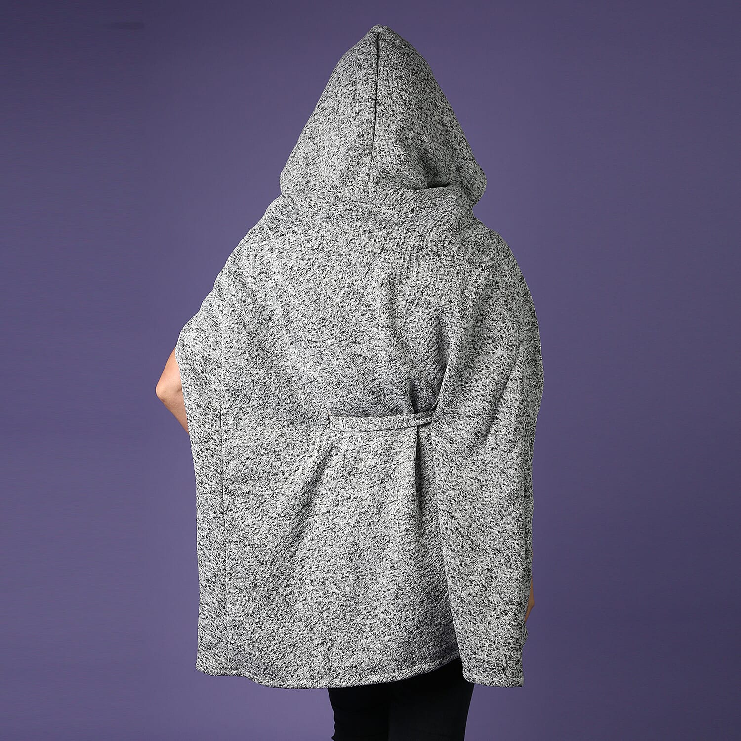 Hooded Neckline Knitted Poncho with Waist belt - Grey 3653363 3