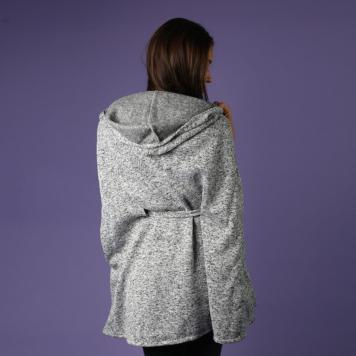 Hooded Neckline Knitted Poncho with Waist belt - Grey 3653363 4