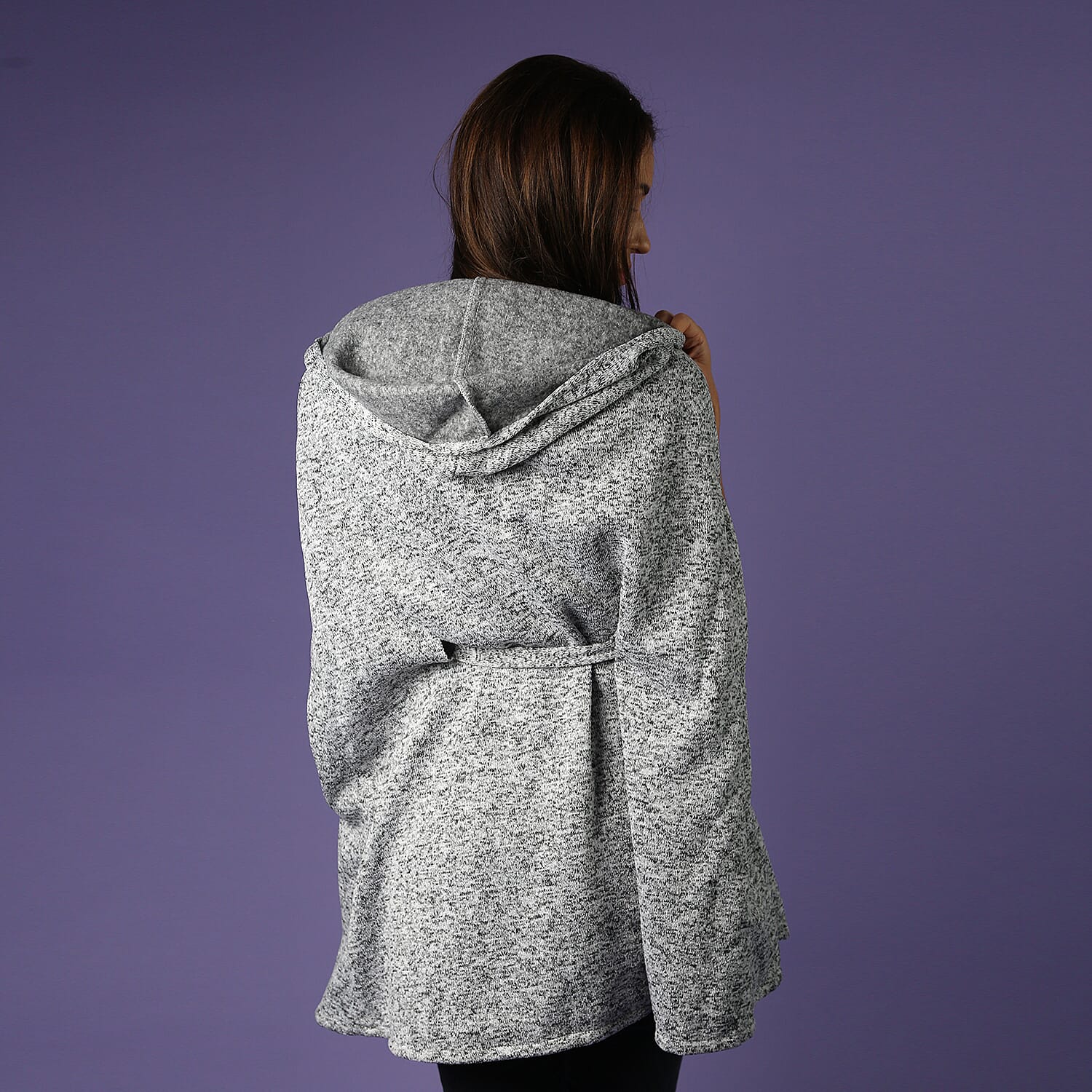 Hooded Neckline Knitted Poncho with Waist belt - Grey 3653363 4