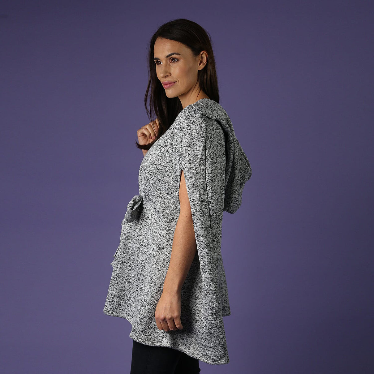 Hooded Neckline Knitted Poncho with Waist belt - Grey 3653363 5